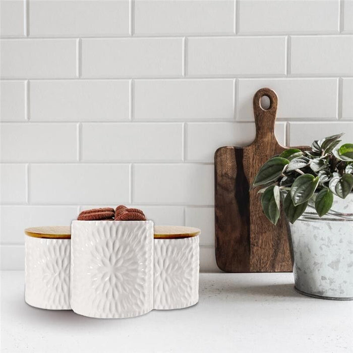 TRIS DI BISCOTTIERE IN CERAMICA CON TAPPO IN LEGNO 2 DA 10X12.5 CM E UNA 13X16 CM BIANCHE