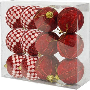 MAURY'S BOX CON 12 SFERE DI NATALE PER ALBERO DA 6 CM ROSSO E BIANCO CON PERLINE