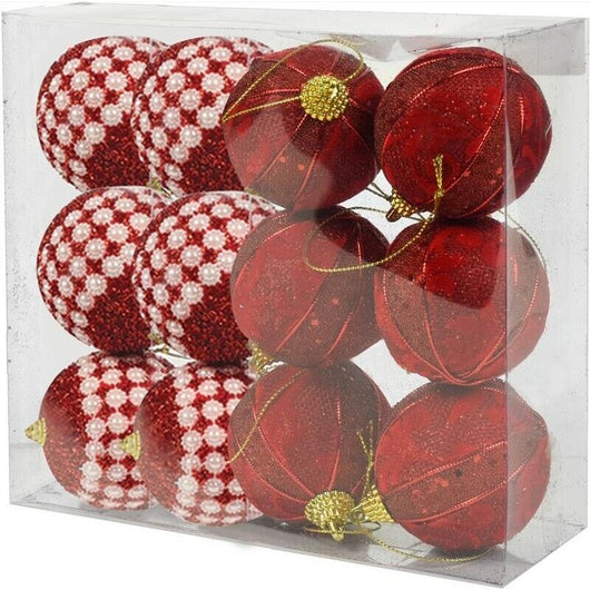 MAURY'S BOX CON 12 SFERE DI NATALE PER ALBERO DA 6 CM ROSSO E BIANCO CON PERLINE