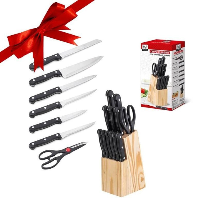 MA MAISON CEPPO IN LEGNO CON 11 COLTELLI + 1 FORBICE CON MANICI COLOR NERO