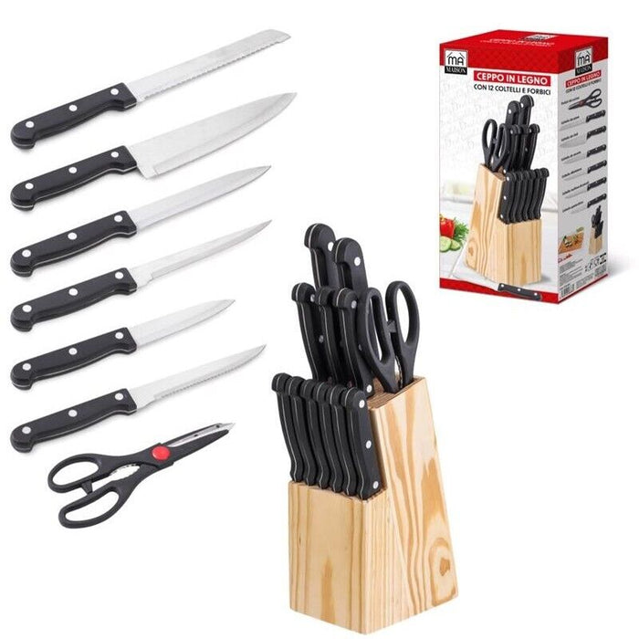 MA MAISON CEPPO IN LEGNO CON 11 COLTELLI + 1 FORBICE CON MANICI COLOR NERO