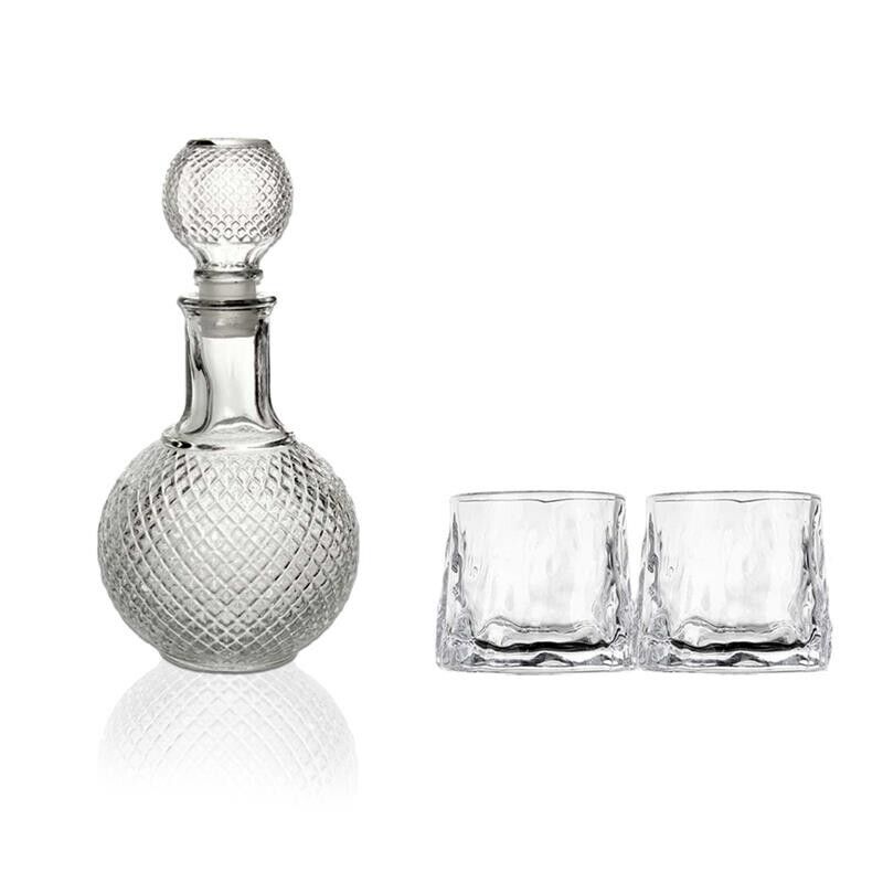 SET BOTTIGLIA SFERA IN VETRO DA 1 LITRO CON 2 BICCHIERI DA LIQUORE ROYAL CAPIENZA 150 ML