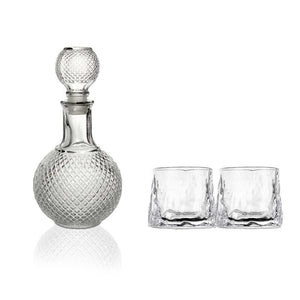 SET BOTTIGLIA SFERA IN VETRO DA 1 LITRO CON 2 BICCHIERI DA LIQUORE ROYAL CAPIENZA 150 ML