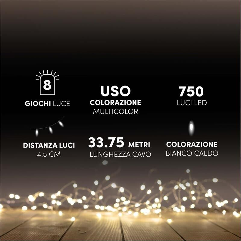 HIGH-TECH BOX MINILUCCIOLE CON FILO TRASPARENTE 750 LED BIANCO CALDO USO INTERNO ED ESTERNO