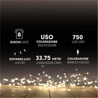 HIGH-TECH BOX MINILUCCIOLE CON FILO TRASPARENTE 750 LED BIANCO CALDO USO INTERNO ED ESTERNO