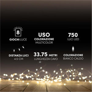 HIGH-TECH BOX MINILUCCIOLE CON FILO TRASPARENTE 750 LED BIANCO CALDO USO INTERNO ED ESTERNO