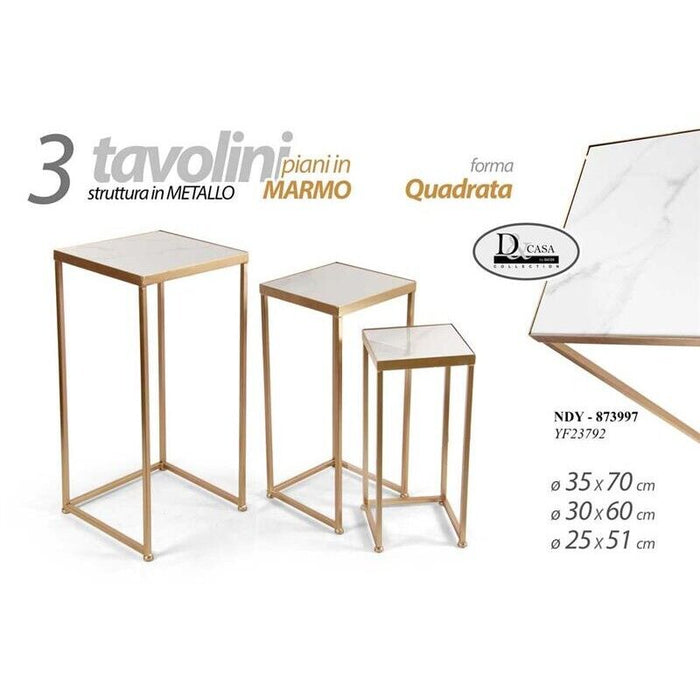 SET 3 TAVOLINI QUADRATI DA ARREDO H70/60/51CM EFFETTO MARMO BIANCO E ORO
