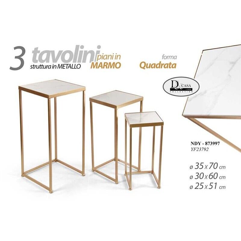 SET 3 TAVOLINI QUADRATI DA ARREDO H70/60/51CM EFFETTO MARMO BIANCO E ORO