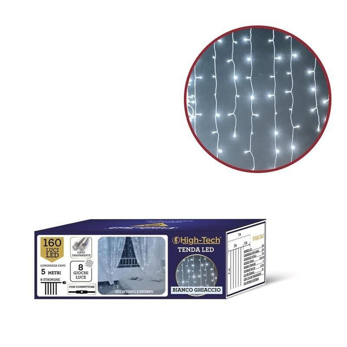HIGH-TECH NATALE TENDA LUMINOSA DA 160 LED BIANCO GHIACCIO MT 2X2 - 8 GIOCHI DI LUCE CAVO TRASPARENTE DA 5 MT 8 STRINGHE
