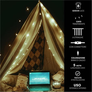 HIGH-TECH NATALE TENDA  LUMINOSA 160 LED BIANCO CALDO MT 2X2 - 8 GIOCHI DI LUCE CAVO TRASPARENTE DA 5 MT 8 STRINGHE