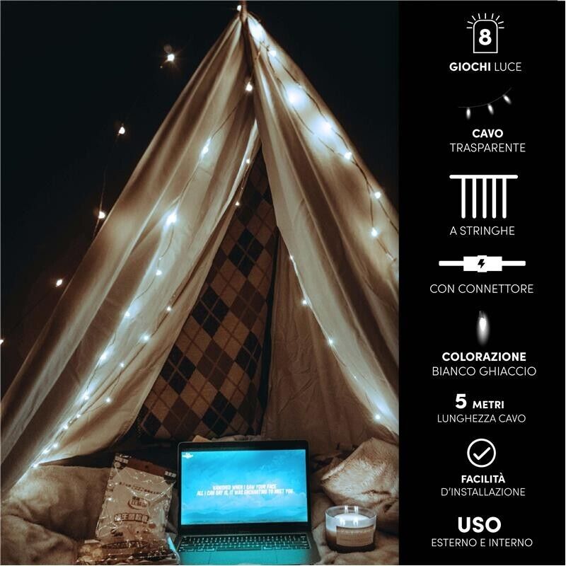 HIGH-TECH NATALE TENDA LUMINOSA DA 160 LED BIANCO GHIACCIO MT 2X2 - 8 GIOCHI DI LUCE CAVO TRASPARENTE DA 5 MT 8 STRINGHE