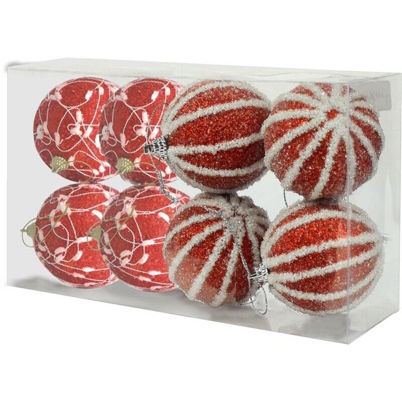 BOX DA 8 SFERE LUX DA 8 CM IN DECORO ROSSO E BIANCO