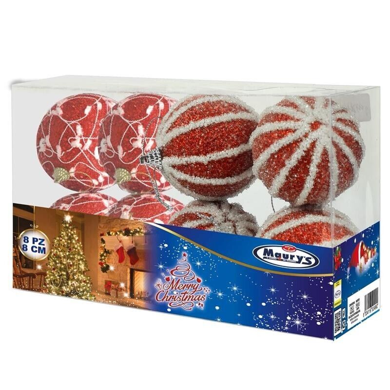 BOX DA 8 SFERE LUX DA 8 CM IN DECORO ROSSO E BIANCO