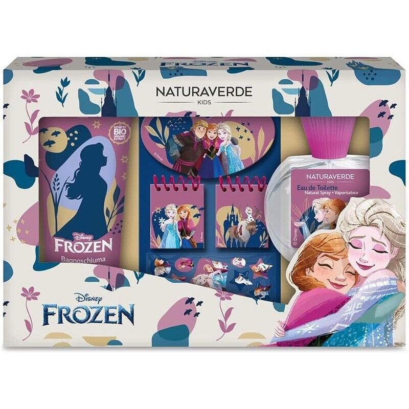 COFANETTO REGALO FROZEN CON PROFUMO, BAGNOSCHIUMA E BLOCK NOTES CON STICKER