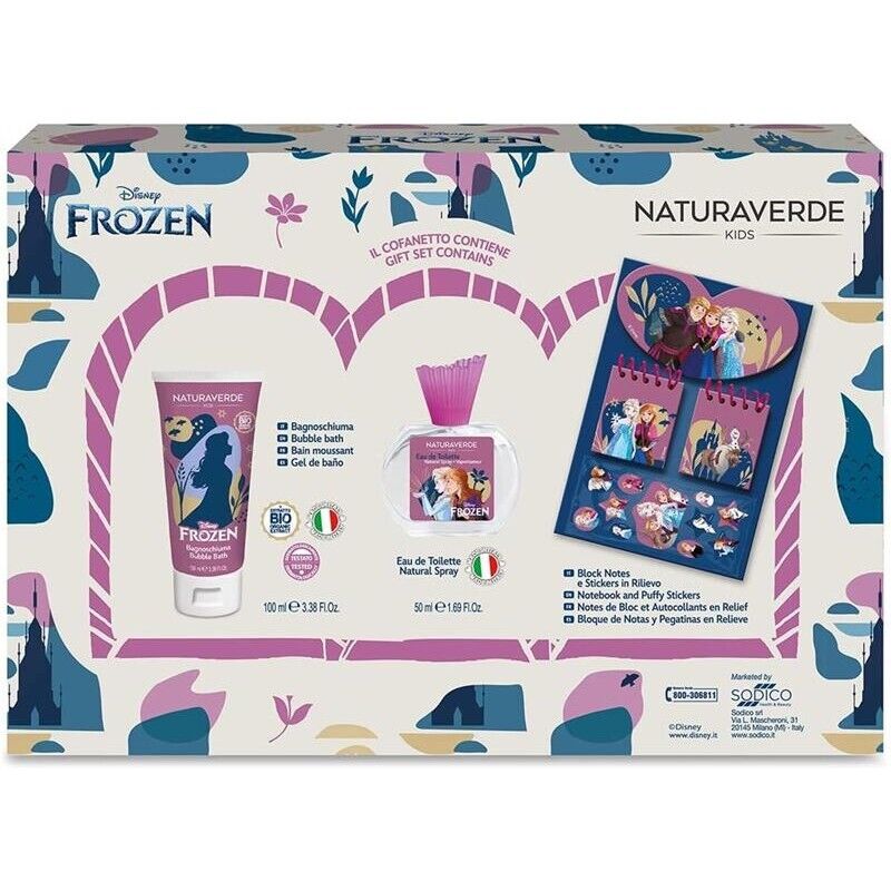 COFANETTO REGALO FROZEN CON PROFUMO, BAGNOSCHIUMA E BLOCK NOTES CON STICKER
