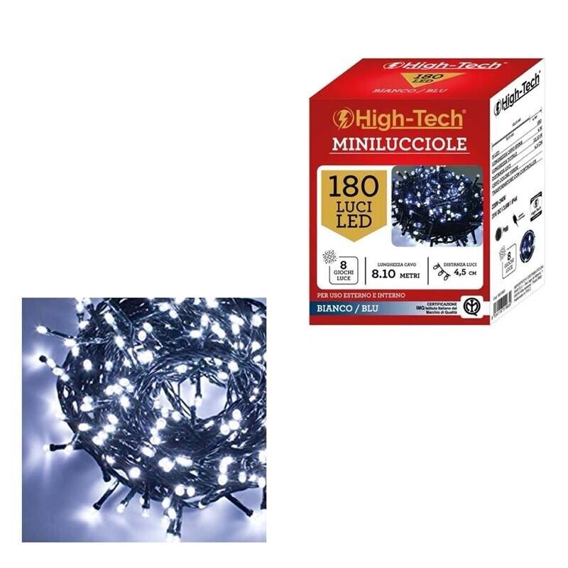 HIGH-TECH FILO LED 180 LUCI MINILUCCIOLE BIANCO/BLU CON 8 GIOCHI DI LUCE LUNGHEZZA 8.10 MT USO INTERNO E ESTERNO