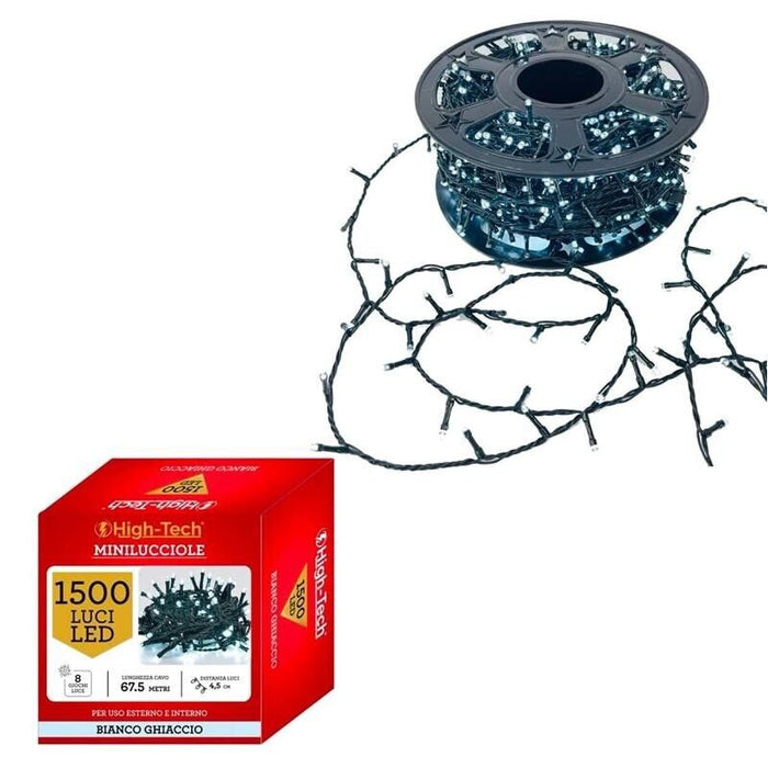 HIGH-TECH FILO LED 1500 MINILUCCIOLE BIANCO GHIACCIO CON BOB 67.5 MT USO INTERNO E ESTERNO