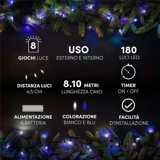 HIGH-TECH FILO LED 180 LUCI MINILUCCIOLE BIANCO/BLU CON 8 GIOCHI DI LUCE LUNGHEZZA 8.10 MT USO INTERNO E ESTERNO
