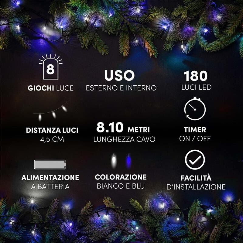 HIGH-TECH FILO LED 180 LUCI MINILUCCIOLE BIANCO/BLU CON 8 GIOCHI DI LUCE LUNGHEZZA 8.10 MT USO INTERNO E ESTERNO