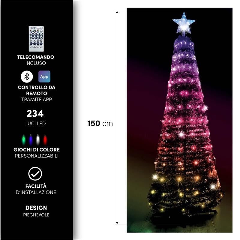 HIGH-TECH ALBERO POP UP PIEGHEVOLE CON 166 LED CM.150 RGB E 16 GIOCHI DI COLORI +TELECOMANDO TRAMITE APP