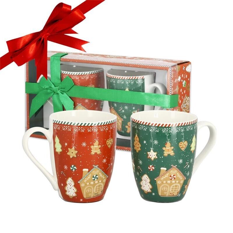MA MAISON SET 2 TAZZE MUG 350 CC ROSSE E VERDI STILE NATALIZIO COOKIES IDEA REGALO