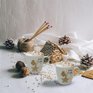 MA MAISON SET 2 TAZZINE BIANCHE E ORO CON PIATTINO STILE NATALIZIO IDEA REGALO