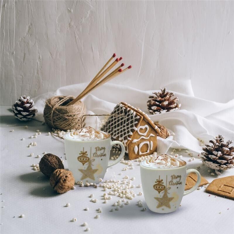 MA MAISON SET 2 TAZZINE BIANCHE E ORO CON PIATTINO STILE NATALIZIO IDEA REGALO