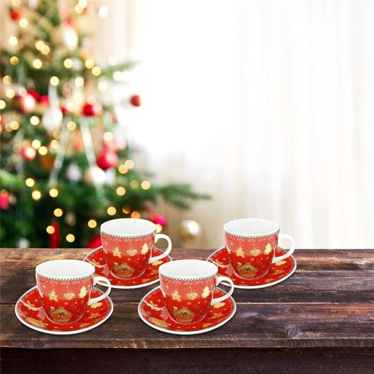 MA MAISON SET 4 TAZZE 210 CC CON PIATTINO STILE COOKIES ROSSE E VERDI IDEA REGALO