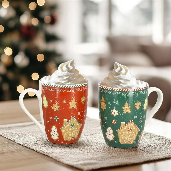 MA MAISON SET 2 TAZZE MUG 350 CC ROSSE E VERDI STILE NATALIZIO COOKIES IDEA REGALO