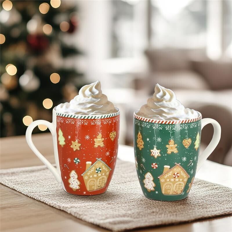 MA MAISON SET 2 TAZZE MUG 350 CC ROSSE E VERDI STILE NATALIZIO COOKIES IDEA REGALO