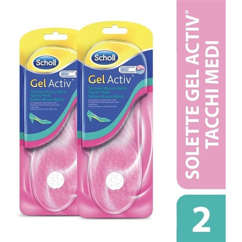 SCHOLL 2 PZ X 1 PAIO SOLETTE GEL ACTIV DONNA PER TACCHI MEDI AZIONE AMMORTIZZANTE E ANTISCIVOLO