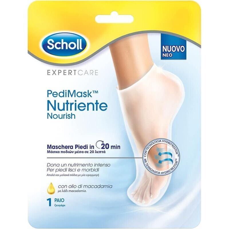 SCHOLL PEDIMASK MASCHERA PIEDI NUTRIENTE CON OLIO DI MACADAMIA 1 PAIO DI CALZINI IDRATANTI