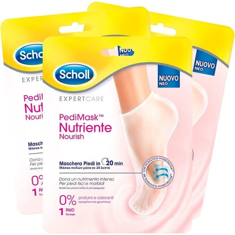 SCHOLL PEDIMASK MASCHERA PIEDI NUTRIENTE CON OLIO DI MACADAMIA 0% PROFUMI E COLORANTI 3 CONFEZIONI DA 1 PAIO DI CALZINI