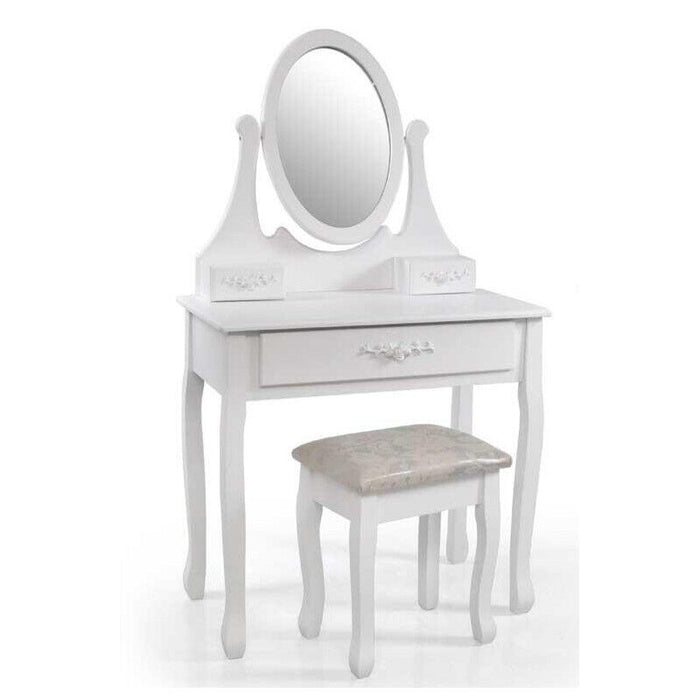 CONSOLLE PER MAKE UP CON SGABELLO E SPECCHIO TONDO 70X40X132CM COLORE BIANCO