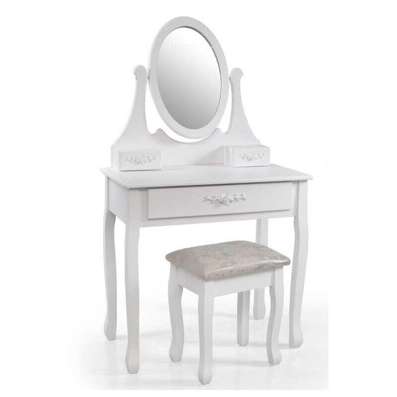 CONSOLLE PER MAKE UP CON SGABELLO E SPECCHIO TONDO 70X40X132CM COLORE BIANCO