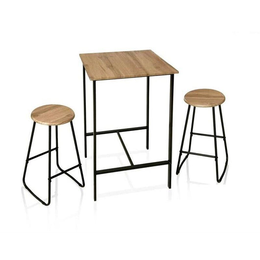 SET TAVOLO E 2 SGABELLI IN METALLO CON TOP E SEDUTE IN LEGNO NATURALE