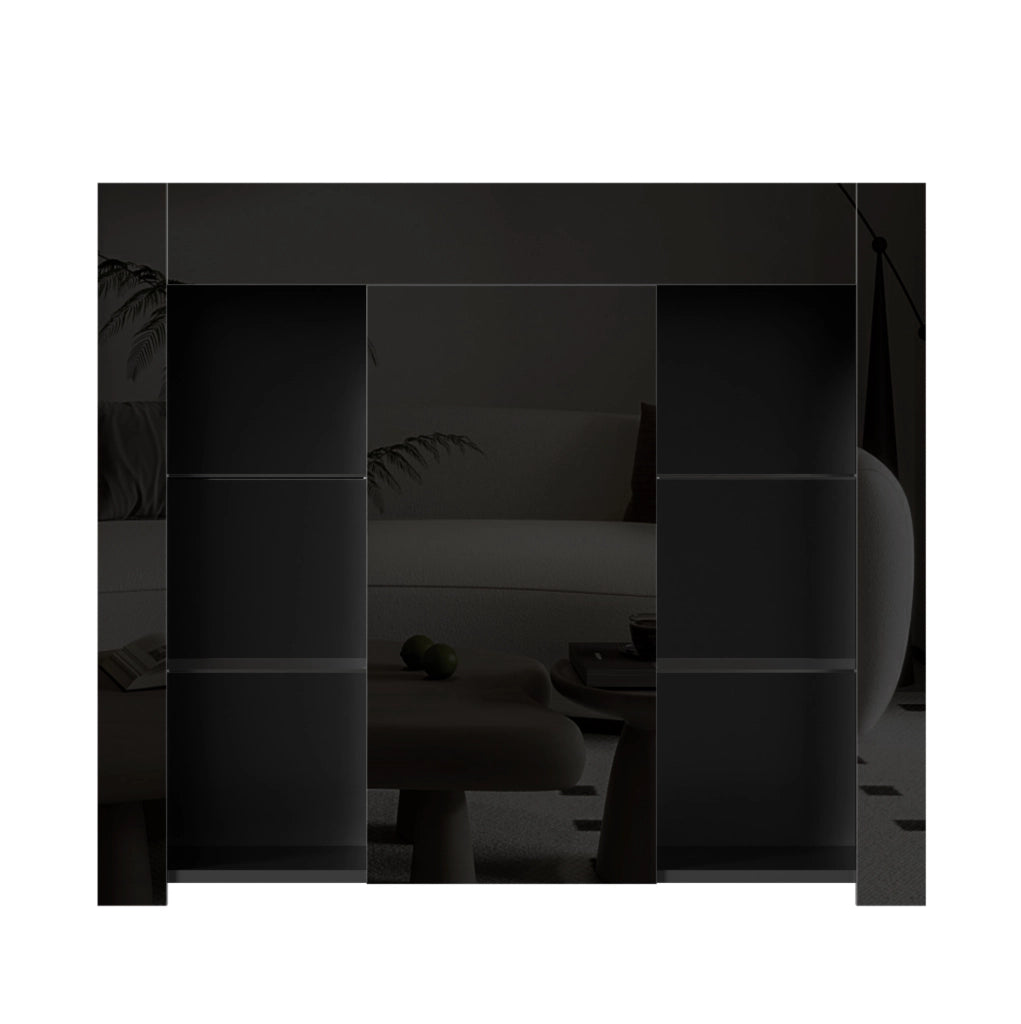 Buffet Nero Moderno con Frontale Laccato a Specchio, Ripiani in Vetro e Porta, 95x35x83 cm