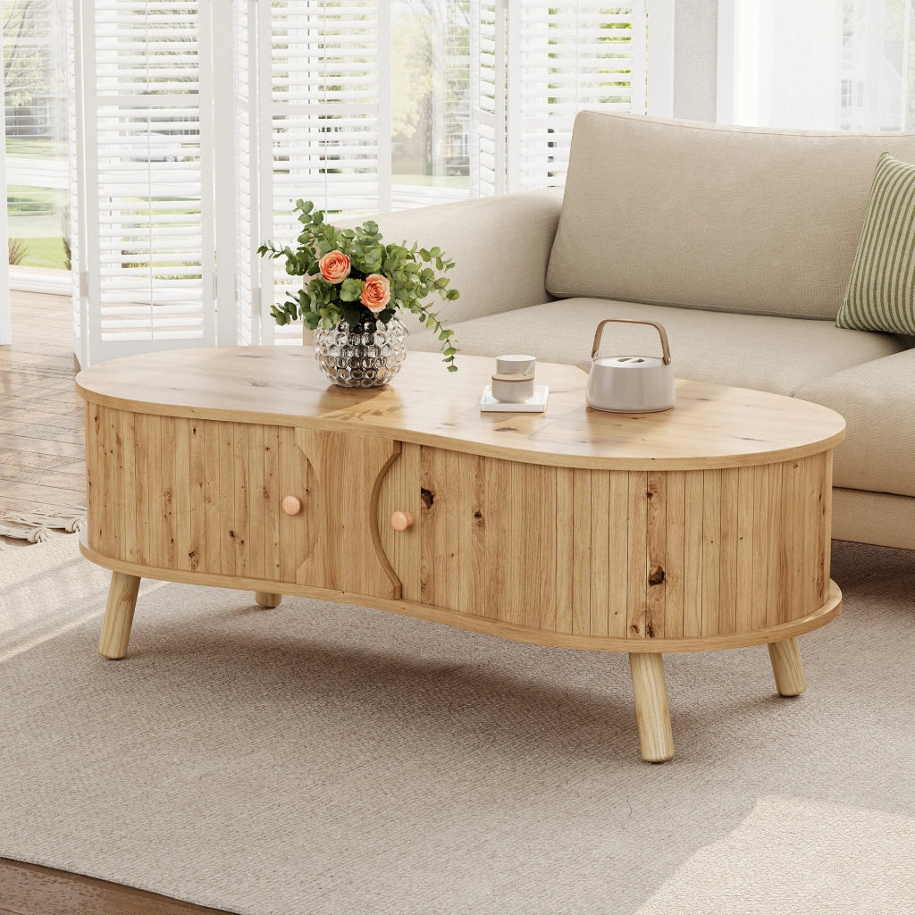 Tavolino da Salotto a Forma di Pisello con 2 Ante Scorrevoli ¨C MINIMAL ¨C MDF, Gambe in Legno Massello