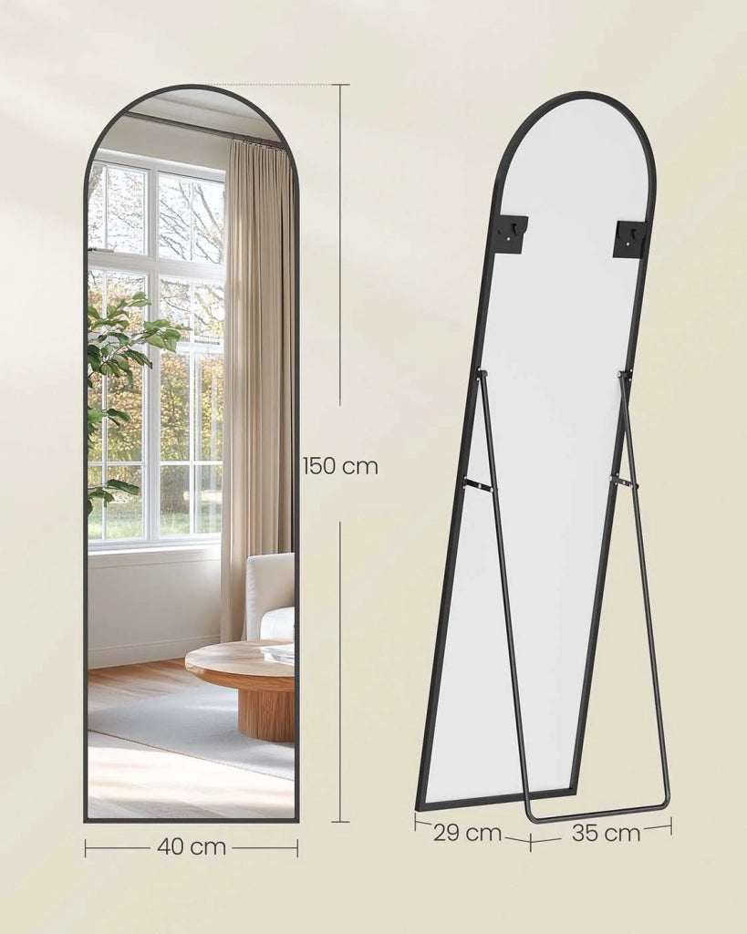 Specchio a figura intera 150 x 40 cm autoportante specchio arcuato cornice in lega di alluminio vetro temperato per camera da letto soggiorno guardaroba nero inchiostro 12_0006609