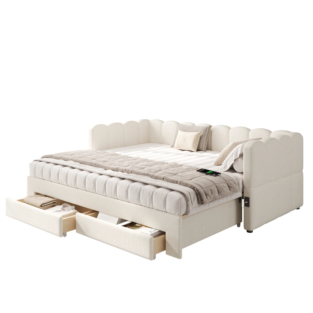 Letto estraibile 90×190 cm con 2 cassetti; USB e Type-C; estensibile a 180×190 cm; senza materasso; beige