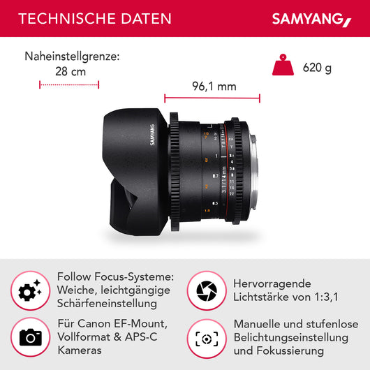SAMYANG 14mm T3.1 VDSLR ED AS IF UMC II Obiettivo video Canon EF a messa a fuoco manuale con ingranaggio 0,8, grandangolo nero