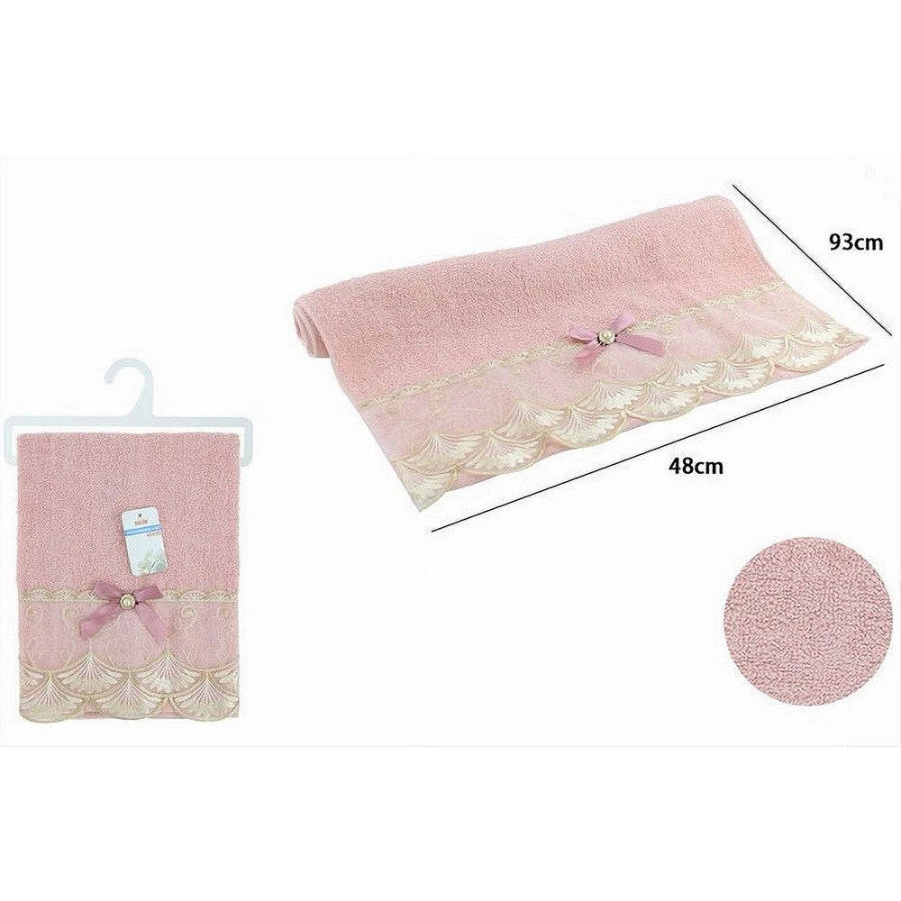 Trade Shop - Asciugamano Da Bagno Viso In Cotone Morbido Decorato 48 X 93 Cm 180gr Rosa 79506 -