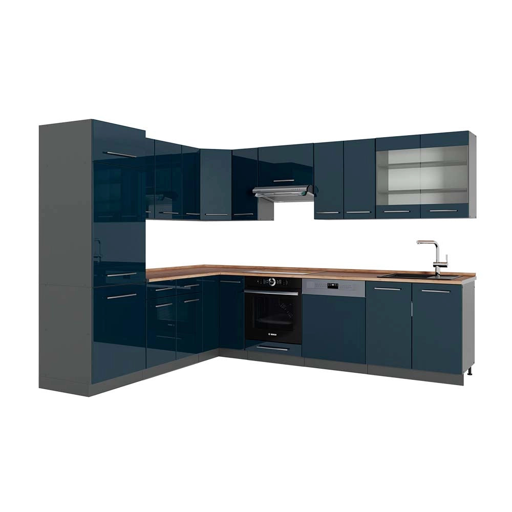 Cucina angolare completa Fame-Line Blu scuro lucido/Antracite 287 x 60 cm, PL Rovere Vicco