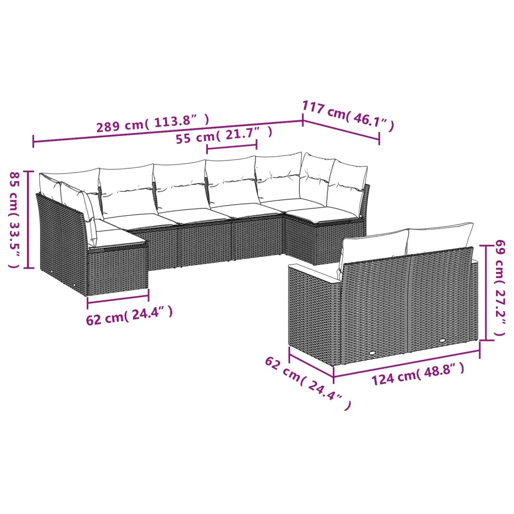 Set Divano da Giardino 9 pz con Cuscini Beige in Polyrattan 3258691