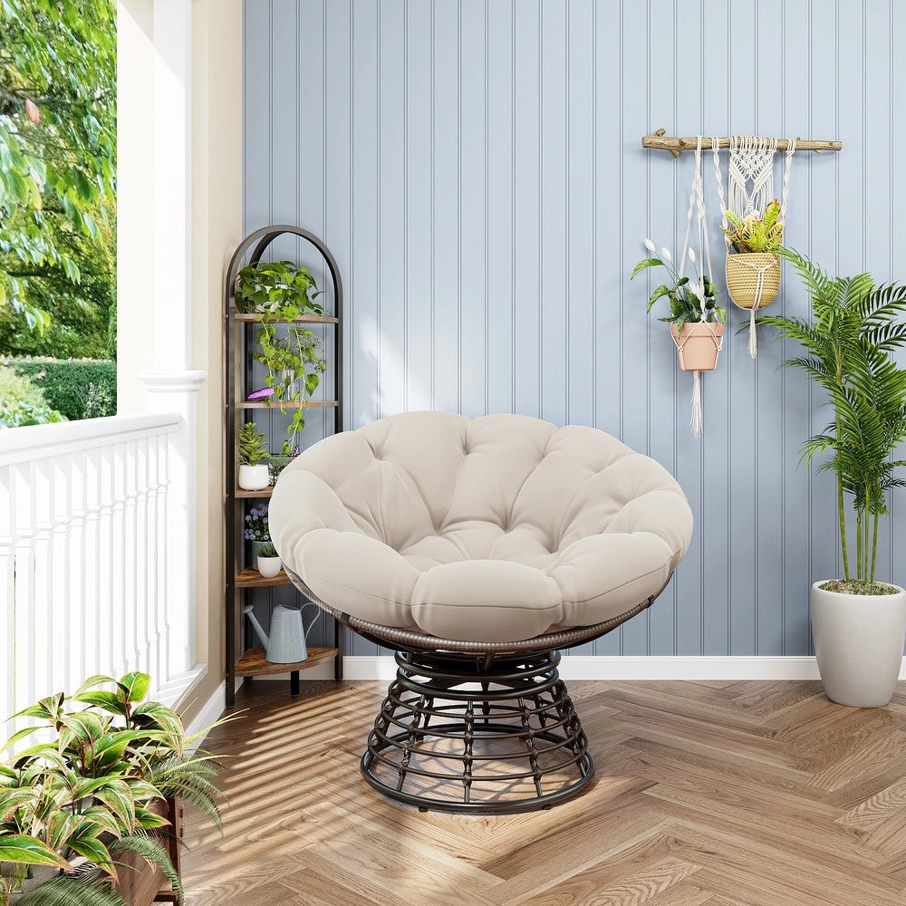 Poltrona Papasan Girevole in Rattan ¨C Xylo ¨C Marrone con Cuscino Beige