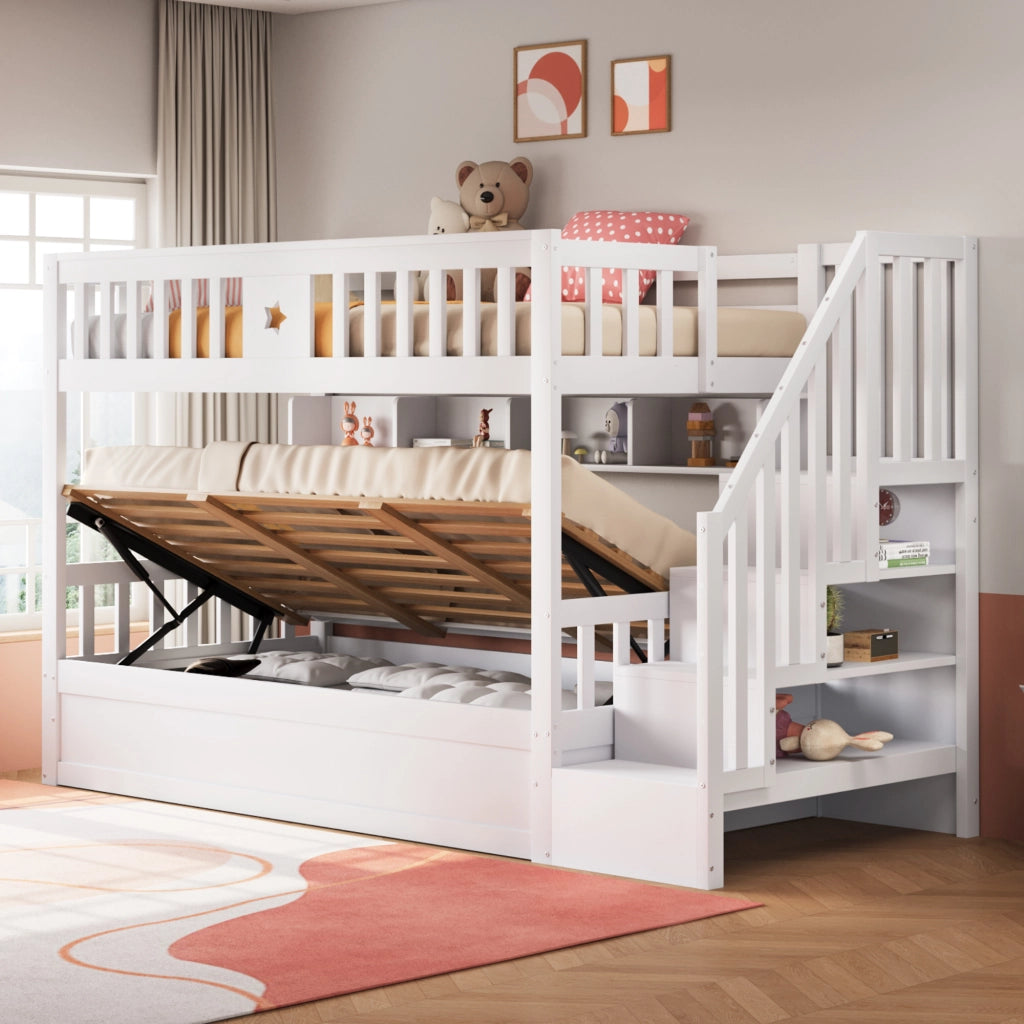 Letto a Castello 90x200 cm; Contenitore; Libreria; Scala con vani; in Legno; Bianco