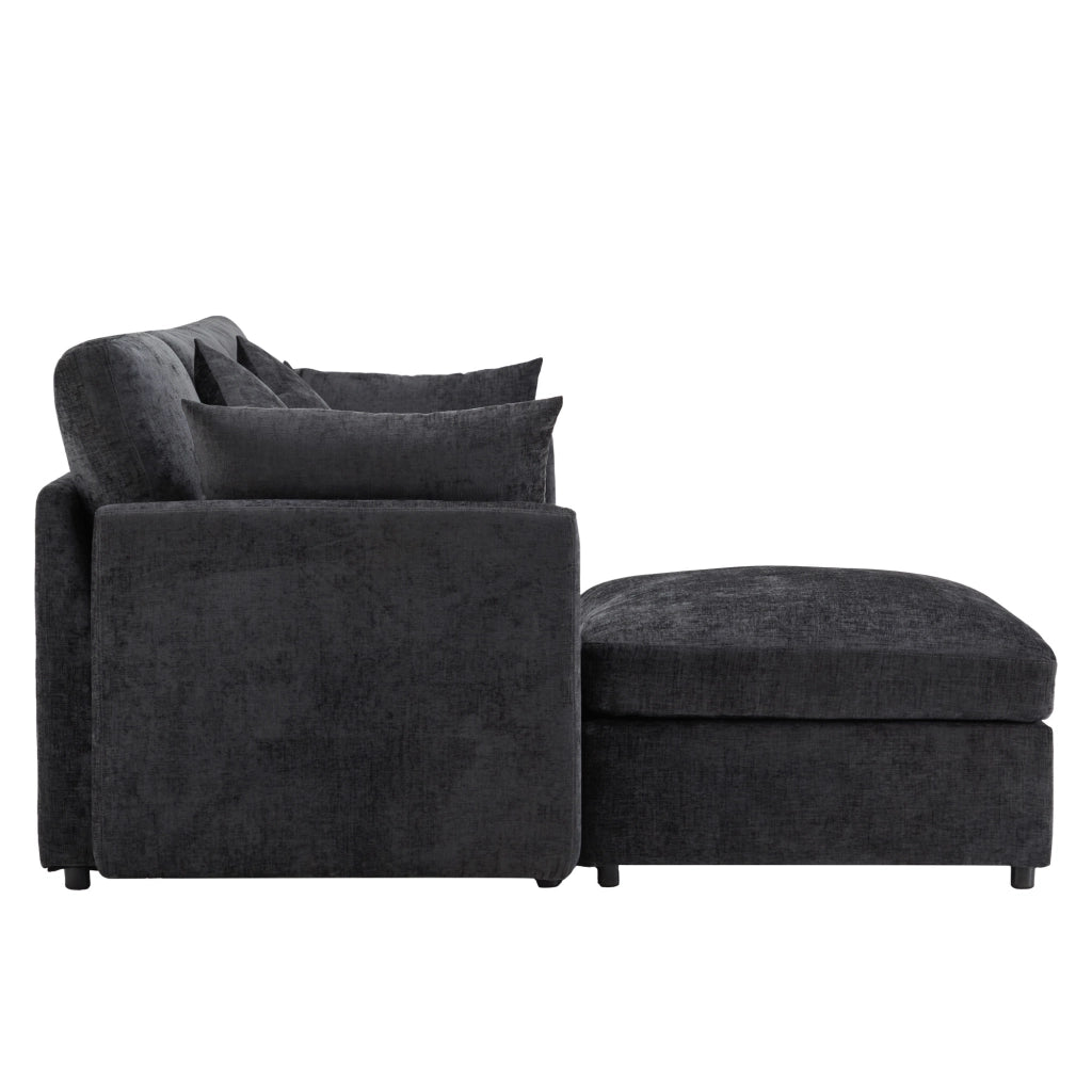 Divano modulare angolare a L con pouf mobile e 4 cuscini in ciniglia, grigio