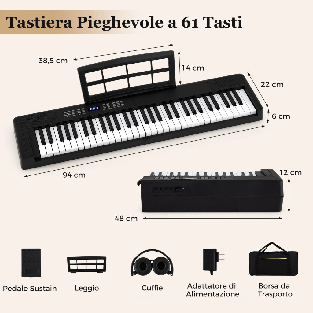 Tastiera pianoforte pieghevole 61 tasti midi cuffie pedale sustain-Tastiera elettronica portatile principianti Nero