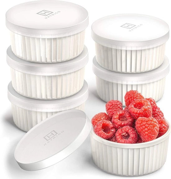 Set di 6 Ramekin in Ceramica con Coperture in Silicone - Resistente al Forno e alla Lavastoviglie