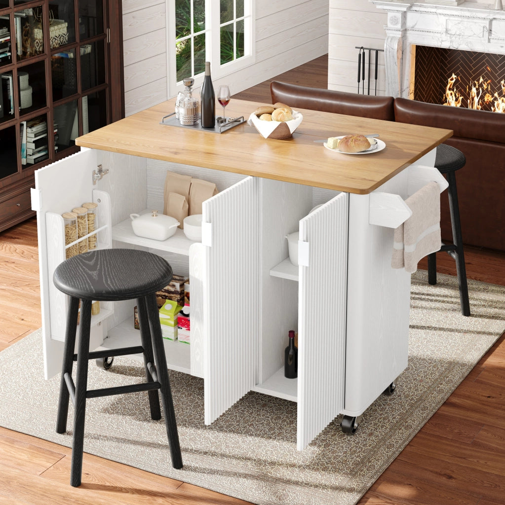 Isola da cucina 130x45(75)x92 cm con piano ribaltabile; ripiani regolabili; MDF bianco